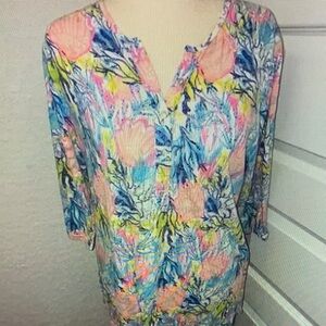 Lulu-B Shell Tropical Print 1/4 Button Down Tunic Shirt Blouse Top